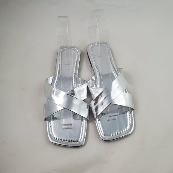 Women's Slip On Sandals Metallic Silver 7 Slides Casual - Picture 5 of 7